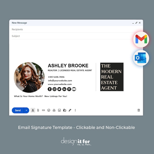 Realtor Email Signature Template, Real Estate Gmail Clickable E-mail Signature, Outlook Email Signature, Html Signature, Clickable Links