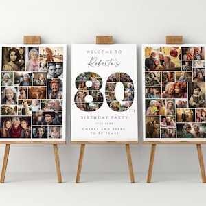 Conjunto de plantillas de collage de fotos para el 80.° cumpleaños, póster de cumpleaños personalizado, tablero de bienvenida de cumpleaños para abuela, abuelo, papá o mamá