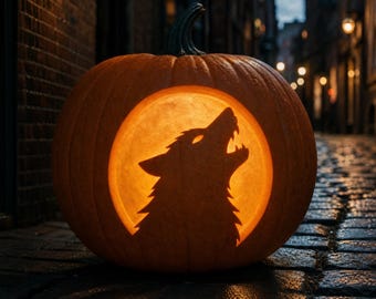 Wolf Head Pumpkin Carving Stencil, Howling Wolf Full Moon Halloween Jack O Lantern Design (Digital Download), #JOL