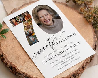 70th Birthday Invitation Template, Photo Collage, Editable Canva Party Stationery (Digital Download)
