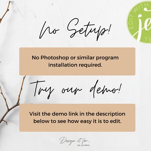 Puede incluir: Texto sobre un fondo blanco con una rama en la esquina. El texto dice "No Setup! No Photoshop or similar program installation required. Try our demo! Visit the demo link in the description below to see how easy it is to edit. Design it for... me, us, them." Un c&iacute;rculo verde con el texto "Edit with Jet Template" est&aacute; en la esquina superior derecha.