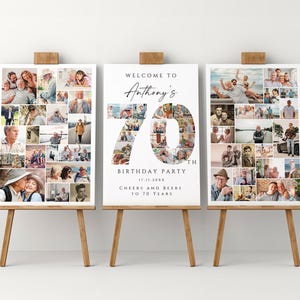 Conjunto de plantillas de collage de fotos para el 70.° cumpleaños, póster de cumpleaños personalizado, tablero de bienvenida de cumpleaños para abuela, abuelo, papá o mamá