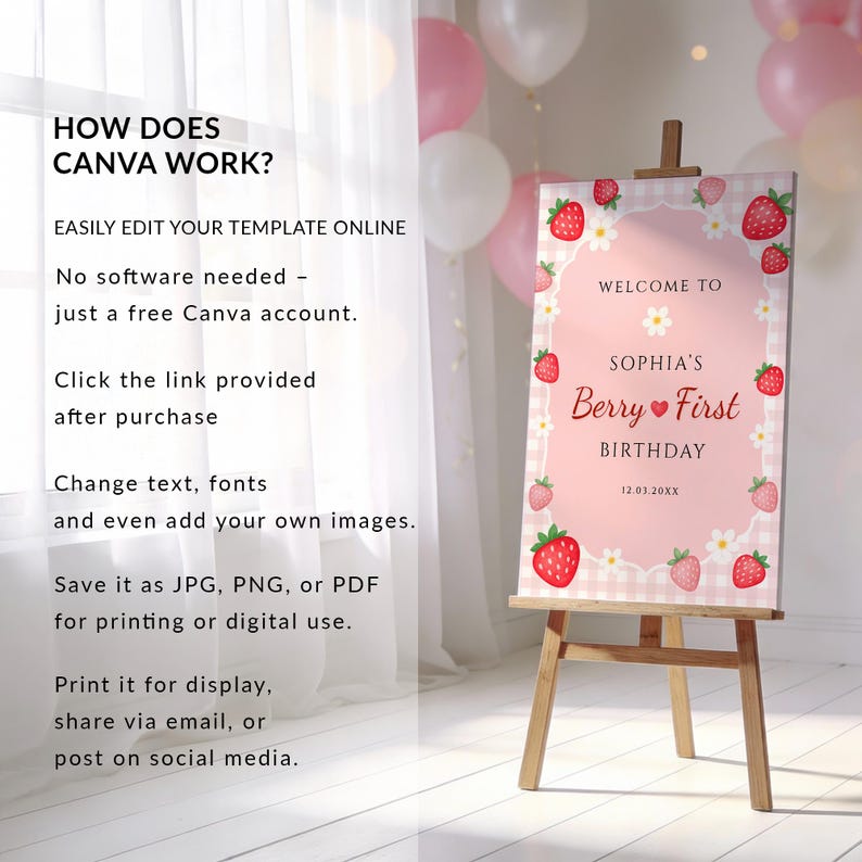 First birthday party welcome sign with strawberry illustrations