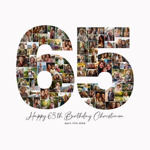 65th Birthday Photo Collage Template, Personalized Gift for Grandma, Grandpa or Husband. Number Collage Birthday Gift for Her or Him