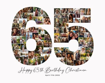 65th Birthday Photo Collage Template, Personalized Gift for Grandma, Grandpa or Husband. Number Collage Birthday Gift for Her or Him