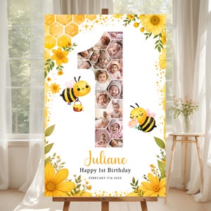 Modèle de plaque de bienvenue pour 1er anniversaire des abeilles, collage de photos pour le 1er anniversaire des abeilles, imprimable pour le 1er anniversaire de la carte de bienvenue pour bébé fille