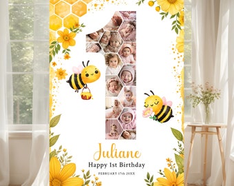 Bee 1st Birthday Welcome Sign Template, Honey Bee 1st Birthday Photo Collage, Printable 1st Birthday Welcome Board for Baby Girl