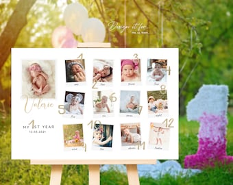 First Birthday Milestone Sign, Printable 1st Birthday Photo Collage, Poster, One Year Photos Baby Milestone Board, Printable Template, Canva
