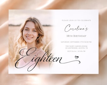 18th Birthday Invitation with Photo, Editable Canva Eighteenth Birthday Invite, Digital Birthday Invitation Template, (Digital Download)