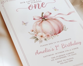 Little Pumpkin 1st Birthday Invitation, Pink Pumpkin Fall Birthday Invite, Editable Canva Template, Digital Download, #PB02
