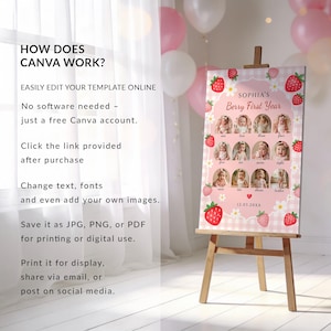 First year baby photo poster printable strawberry birthday decor