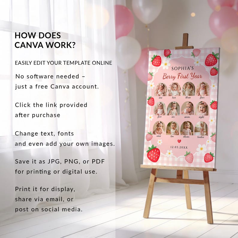 First year baby photo poster printable strawberry birthday decor