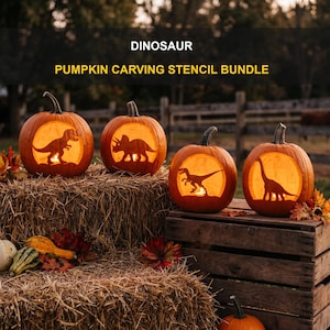 May include: A dinosaur pumpkin carving stencil bundle featuring four orange pumpkins with carved silhouettes of a T-Rex, Triceratops, Velociraptor, and Brachiosaurus, each illuminated from within by a candle, with the text DINOSAUR PUMPKIN CARVING STENCIL BUNDLE.