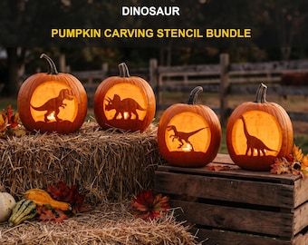 May include: Four orange pumpkins with carved dinosaur silhouettes, including a T-Rex, Triceratops, Raptor, and Brachiosaurus, illuminated from within. The text DINOSAUR PUMPKIN CARVING STENCIL BUNDLE is displayed above the pumpkins.