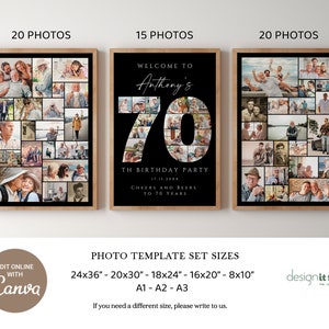 Black 70th Birthday Photo Collage Template Set, Personalized Birthday Poster Gift, Birthday Welcome Board for Grandma, Grandpa, Dad or Mom image 2