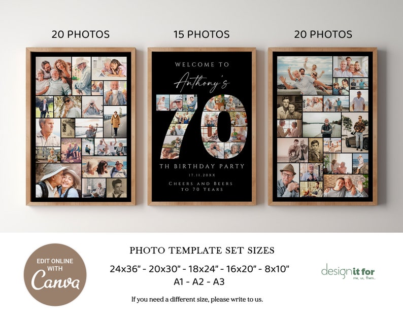 Black 70th Birthday Photo Collage Template Set, Personalized Birthday Poster Gift, Birthday Welcome Board for Grandma, Grandpa, Dad or Mom image 2