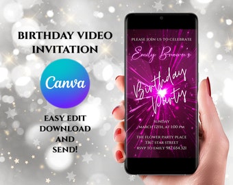 Digital Pink Glitter Birthday Party Invitation, Birthday Video Evite, Any Age Evite, Pink Stars, Electronic Invite, Canva Editable Template