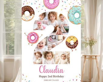Sweet Donut 2nd Birthday Welcome Sign Template, Second Birthday Number Photo Collage, Printable 2nd Birthday Poster for Baby Girl