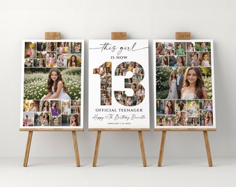 May include: Three white posters with a collage of photos arranged in the shape of the number 13. The middle poster has the text "This girl is now 13. Official Teenager. Happy 13th Birthday Daniella. February 17th, 20XX."