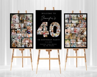 Black 40th Birthday Photo Collage Template Set, Editable and Printable Welcome Board, Personalized Poster Gift for Friend, Sister or Wife