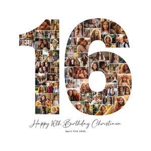 Collage de fotos para 16.º cumpleaños, regalo para 16.º cumpleaños, imprimible para el número 16, plantilla para collage de fotos de dulces 16, póster de cumpleaños editable