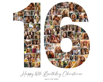 16th Birthday Photo Collage, 16th Birthday Gift, Birthday Number 16 Printable, Sweet 16 Photo Collage Template, Editable Birthday Poster