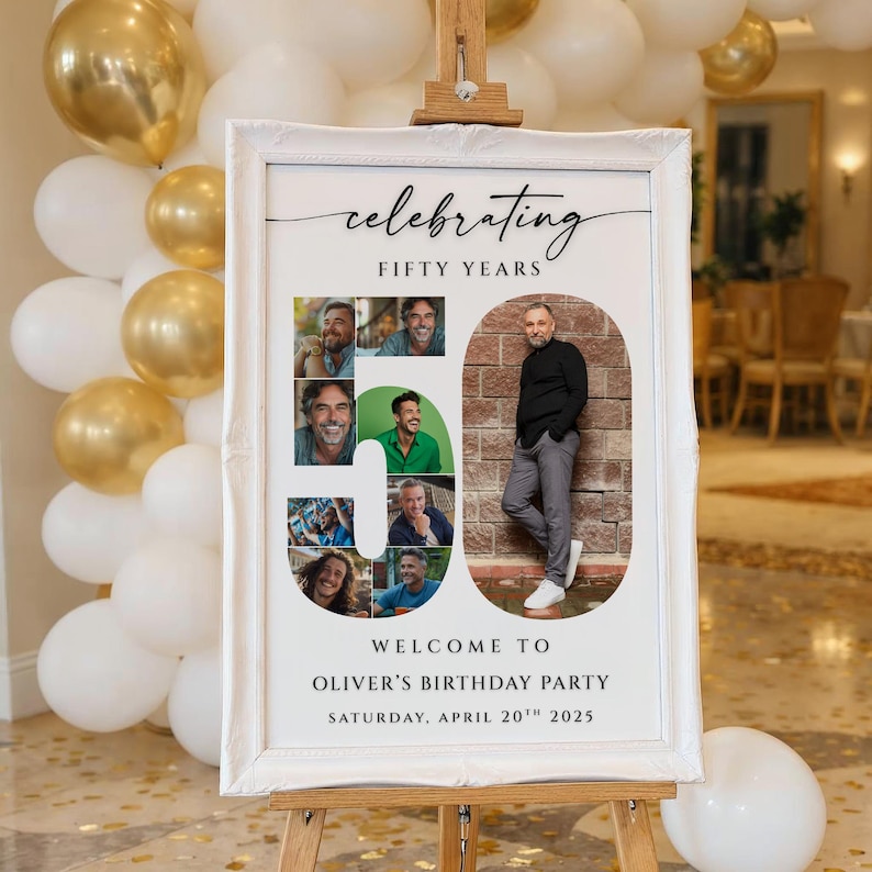 Editable 50th birthday photo collage welcome sign template
