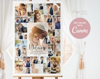 Wedding Welcome Sign Collage Template, Editable, Welcome To Our Wedding Sign, Printable, Wedding Collage, Canva, Memorial, Valentine's Day