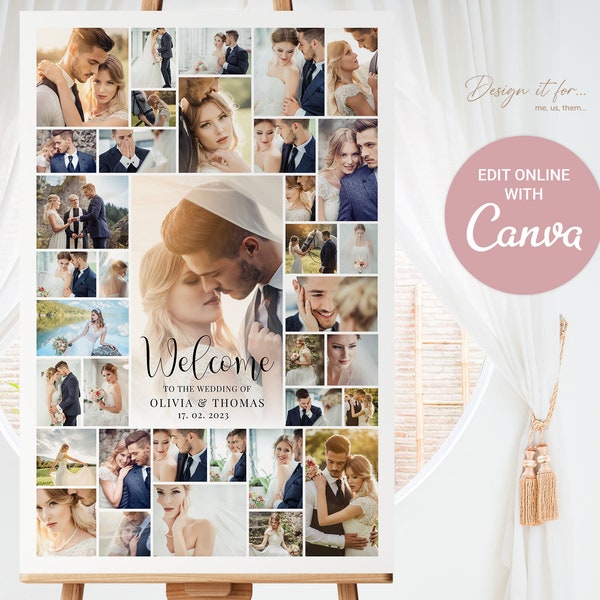 Wedding Welcome Sign Collage Template, Editable, Welcome To Our Wedding Sign, Printable, Wedding Collage, Canva, Memorial, Valentine's Day