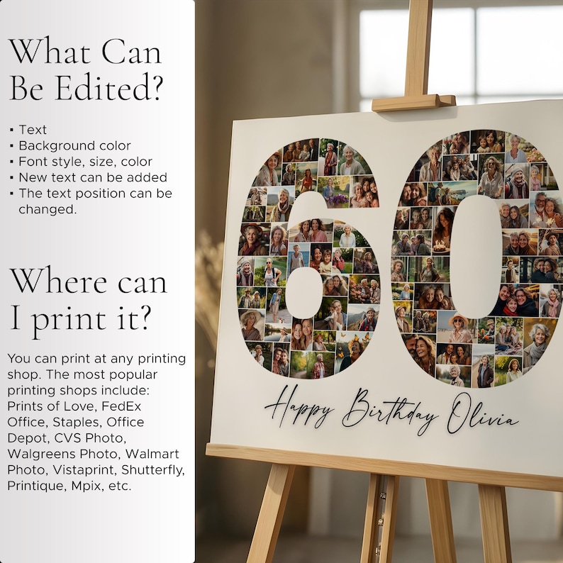60th Birthday Photo Collage Template, Birthday Gift, Birtbhday Welcome Sign