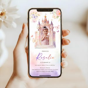 Animated princess castle birthday invitation video template featuring a fairytale castle design, editable in Canva, with space for a child’s photo and birthday details. Digital download animated video invite suitable for any age.