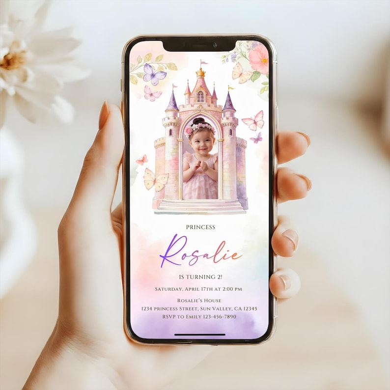 Animated princess castle birthday invitation video template featuring a fairytale castle design, editable in Canva, with space for a child’s photo and birthday details. Digital download animated video invite suitable for any age.