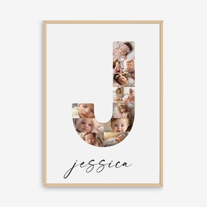 Plantilla de collage de fotos de letra J, impresión personalizada de nombre inicial para niñas y niños, impresión de guardería, nombre imprimible, decoración de guardería