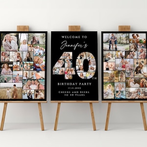 Conjunto de plantillas de collage de fotos para el 40.° cumpleaños en color negro, tablero de bienvenida editable e imprimible, póster personalizado de regalo para amiga, hermana o esposa