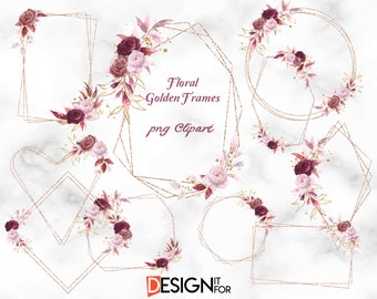 Floral gouden frame clipart, Rose gouden frame glinsterende Clip Art, gouden veelhoekige frames, gouden frames scrapbook, geometrische frame illustraties met bloemen
