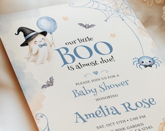 Little Boo Baby Shower Invitation, Blue Halloween Ghost Boy Baby Shower Invite, Editable Canva Template, Digital Download, #BS26