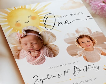 May include: A personalized invitation for a first birthday celebration. The design features a smiling sun, two photos of a baby, and the text "Look Who's One" and "Sophia's 1st Birthday". The invitation includes event details.