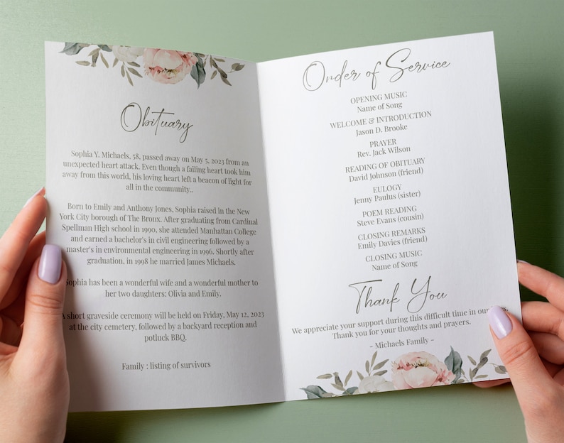 May include: A white and gray funeral program with floral accents. The program includes an obituary for Sophia V. Michaels, a welcome and introduction, a prayer, a reading of the obituary, a eulogy, a poem reading, closing remarks, and closing music. The program also includes a thank you message from the Michaels family.