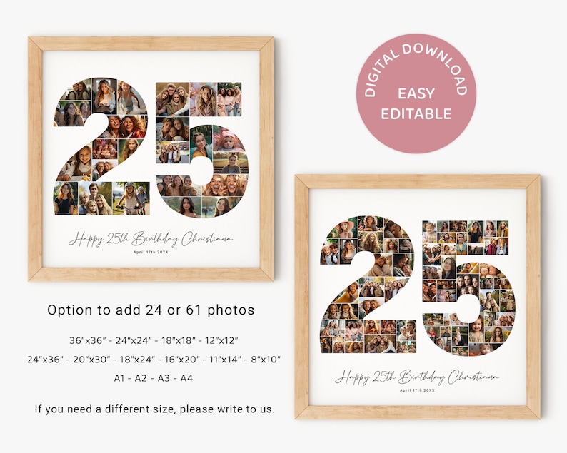 Puede incluir: Una descarga digital de una plantilla de collage de fotos imprimible para un 25&ordm; cumplea&ntilde;os. La plantilla presenta un gran n&uacute;mero 25 formado por cuadrados de fotos. La plantilla est&aacute; disponible en varios tama&ntilde;os, incluyendo 91x91 cm, 61x61 cm, 46x46 cm, 30x30 cm, 61x91 cm, 51x76 cm, 46x61 cm, 41x51 cm, 28x36 cm y 20x25 cm. La plantilla es f&aacute;cil de editar y personalizar con tus propias fotos.
