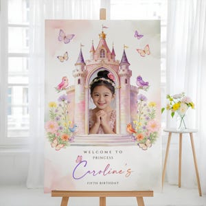 Välkomstskylt till prinsessslott för födelsedag | Fotoposter för flickor | Prinsessfödelsedagsdekorationer | Utskrivbar festskylt | Redigerbar Canvas-mall
