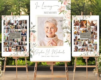 Rose Funeral Photo Collage Sign Template Set, Funeral Welcome Sign, Pink Rose Funeral Poster, In Loving Memory Board, Memorial, #RF01