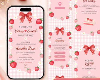 Digitale uitnodiging voor een babyshower met bessenmotief en RSVP-tracking, roze aardbeienbabyshower-uitnodiging, Canva-sjabloon, direct te downloaden, #BS06