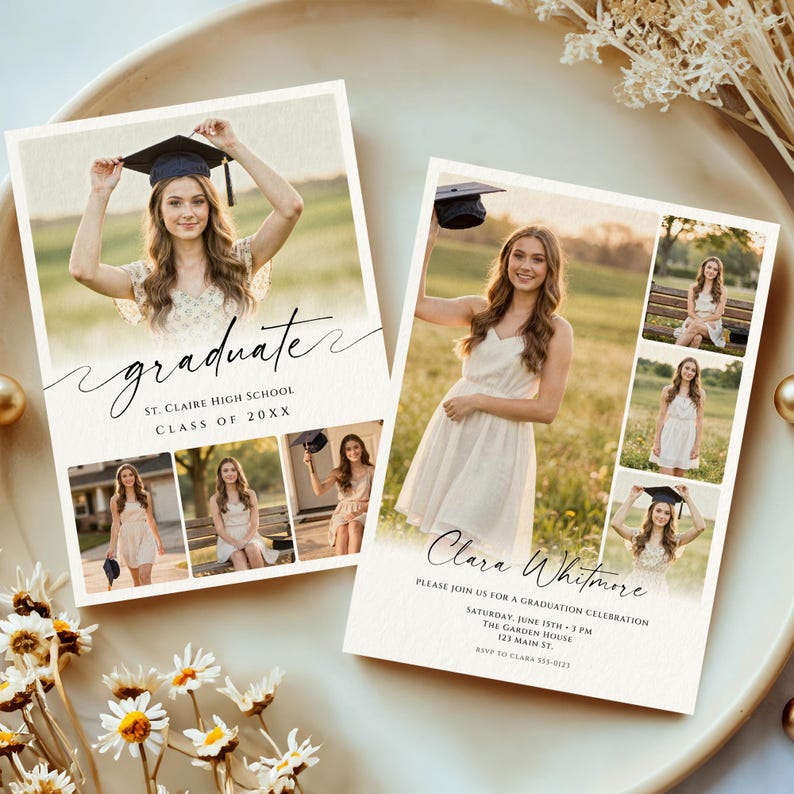 May include: Two graduation announcement cards with a photo of a graduate. One card reads "graduate" and "St. Claire High School Class of 20XX." The other card reads "Clara Whitmore" and details for a graduation celebration.