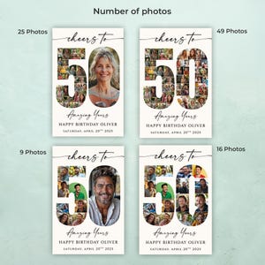 May include: Four birthday photo cards with the number 50, filled with photos of people. The cards have the text "Cheers to", "Amazing Years", and "Happy Birthday Oliver, Saturday, April 20th, 2025". The number of photos varies.