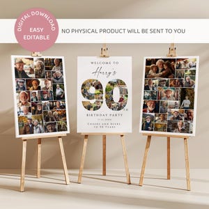 May include: Two white signs on easels with a photo collage of a person's life. The sign on the left has a collage of photos. The sign on the right has a large number 90 made of photos and the text "Welcome to Harry's 90th Birthday Party 17.11.28XX Cheers and Beers to 90 Years."