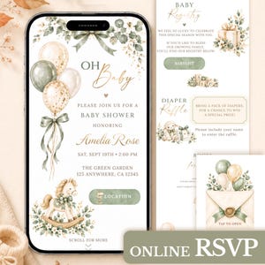Op de afbeelding: Een digitale babyshower-uitnodiging op een smartphonescherm met saliegroene en gouden accenten, ballonnen, een hobbelpaard en de tekst Oh Baby, Amelia Rose, Sat Sept 19th, 2:00 PM, The Green Garden, 125 Anywhere, CA 12345.