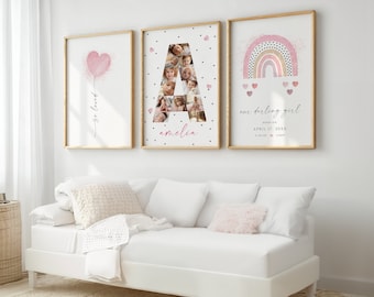 Personalized Nursery Wall Art,  Set of 3 Heart Rainbow Nursery Decor, Baby Girl Name Printable, Letter A Photo Collage Template