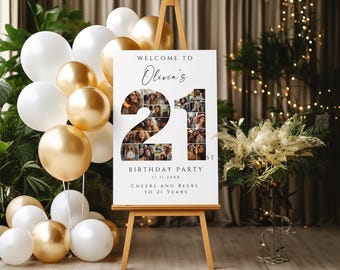 21e verjaardag welkomstbord, bewerkbare en afdrukbare fotocollagesjabloon, gepersonaliseerd feestdecor voor man of vrouw, canvas