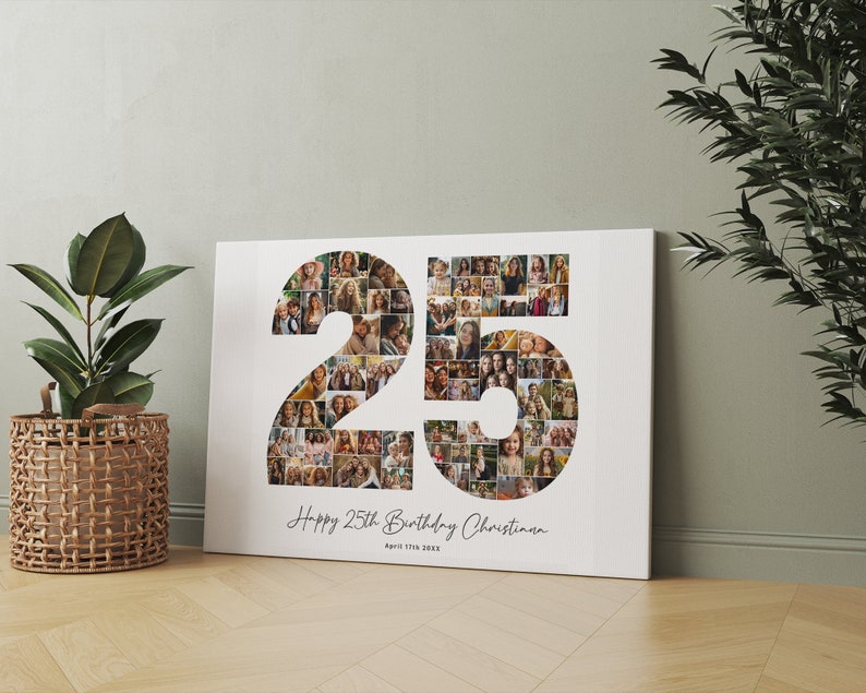 Puede incluir: Una impresi&oacute;n en lienzo blanco con un collage de fotos del n&uacute;mero 25. El n&uacute;mero est&aacute; formado por fotos m&aacute;s peque&ntilde;as de personas. El texto "Happy 25th Birthday Christina" y "April 17th, 1998" est&aacute; impreso debajo del n&uacute;mero.
