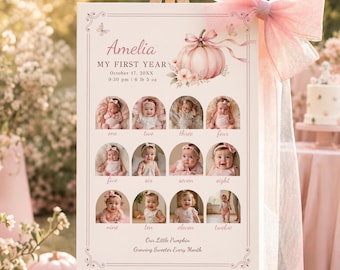 Little Pumpkin First Birthday Photo Collage Template, Fall 1st Birthday Poster, One Year Milestone Board, Baby Photo Poster, Canva,  #PB02